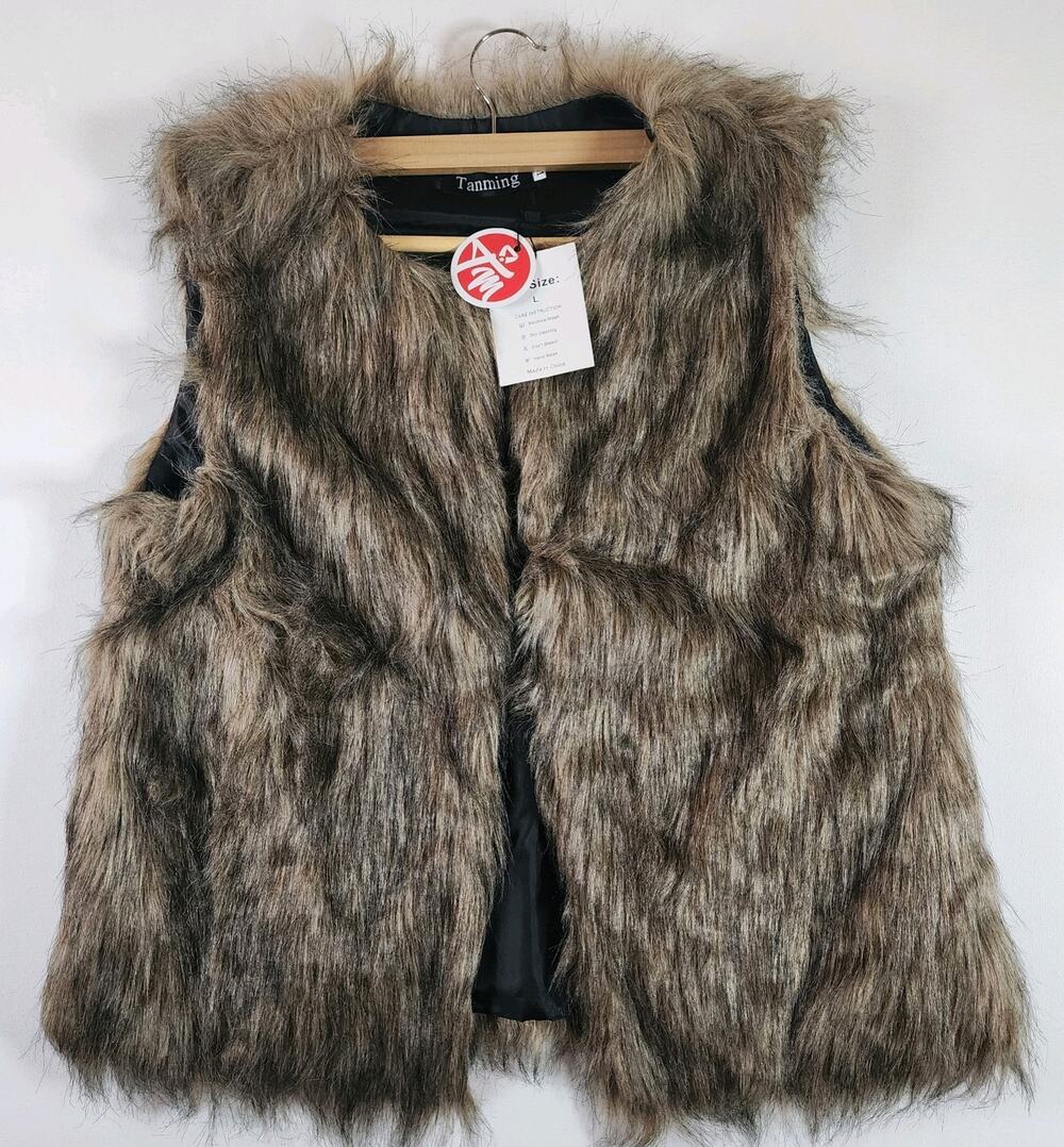 Tanming Womens L Faux Fur Vest Brown Y2K Mob Wife Boho Shaggy NWT Pockets